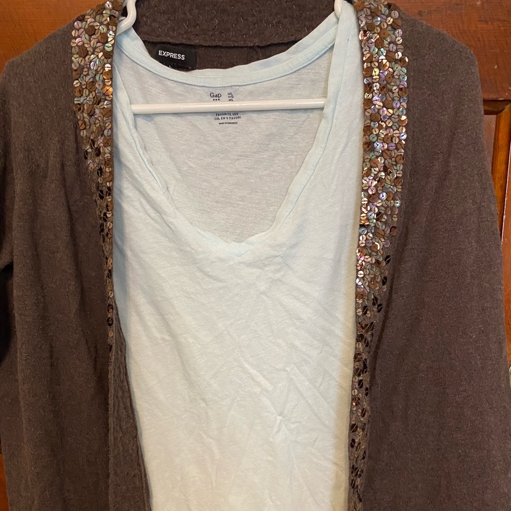 Brown sequin open front cardigan by Express